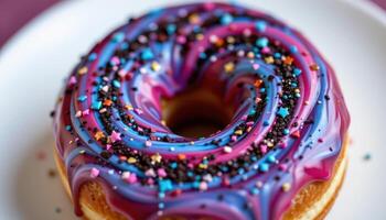 close up view of galaxy themed donut with swirls of purple, blue, and sparkles of edible glitter. photo