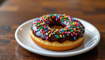 close up view of a chocolate glazed donut with rainbow sprinkles sitting on a white ceramic plate with a glossy finish. photo