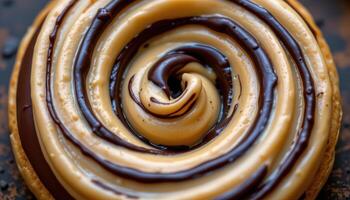 close up view of a donut with a spiral swirl of dark chocolate and peanut butter glaze. photo