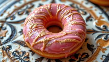 close up view of a donut with gold and pink marbled glaze resting on a decorative tile. photo