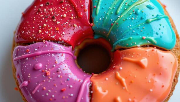 close up view of a donut with icing divided into quadrants, each a different vibrant color. photo