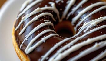close up view of a donut coated in dark chocolate with sharp white drizzle lines. photo