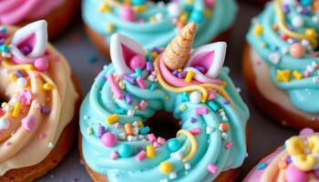 close up view of a unicorn themed donut with pastel swirl icing and edible decorations. photo