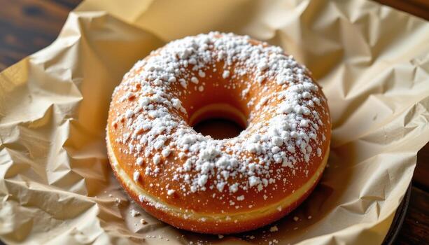 close up view of a fluffy donut covered in powdered sugar placed on a vintage paper wrapper. photo