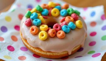 close up view of a donut topped with colorful cereal pieces resting on a polka dotted napkin. photo