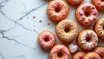 close up view of multiple donuts arranged in a spiral pattern on a white marble tabletop. photo