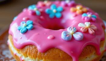 close up view of a donut with bright pink glaze and flower shaped sugar decorations. photo
