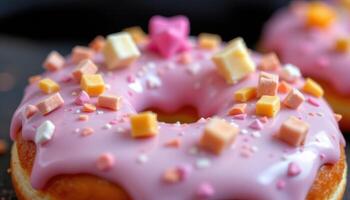 close up view of a geometric donut with cube toppings and glossy pastel glaze. photo