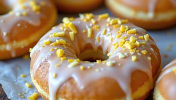 close up view of a donut filled with lemon curd and topped with lemon zest and glaze. photo
