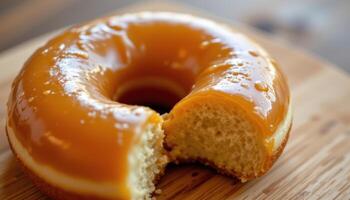 close up view of a honey glazed donut with glossy finish and golden tones on wooden backdrop. photo