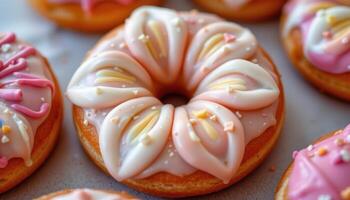 close up view of a floral inspired donut with petal icing design and subtle gradient glaze. photo