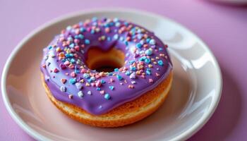 close up view of a donut with thick purple icing and edible crystals on a pastel plate. photo