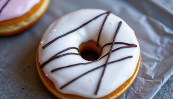 close up view of a donut designed with geometric icing lines and minimalistic styling. photo