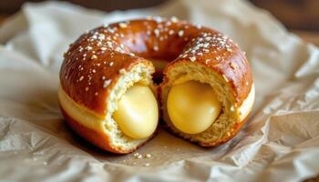 close up view of a cream filled donut split in half showing silky custard inside, placed on parchment paper. photo