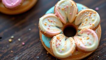 close up view of a donut shaped like a flower with pastel icing and detailed design. photo