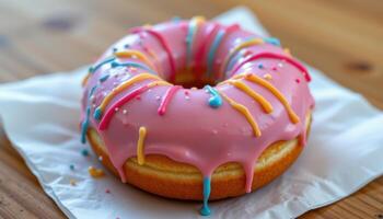 close up view of a pink frosted donut with colorful icing drips over the sides on a white napkin. photo
