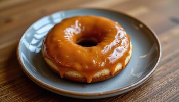 close up view of a glazed donut with shiny caramel coating resting on a matte ceramic plate. photo