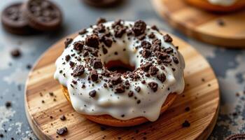 close up view of a donut topped with crushed cookies and cream icing sitting on a wooden board. photo