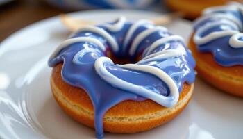 close up view of a perfectly round donut topped with glossy blueberry glaze and icing swirl. photo
