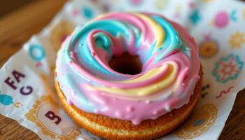 close up view of a donut with spiral icing and pastel colors placed on patterned paper. photo