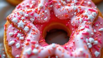 close up view of a donut shaped like a star with glittery icing and sugar crystals. photo