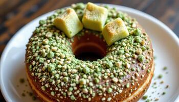 close up view of a donut dusted with matcha powder and topped with mochi cubes. photo