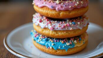 close up view of a donut tower with multi colored glazes stacked symmetrically on a plate. photo
