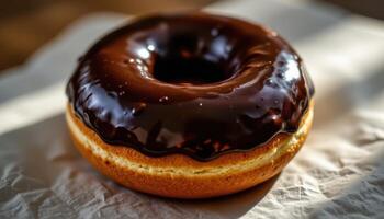 close up view of a dark chocolate donut with glossy finish placed under dramatic lighting. photo