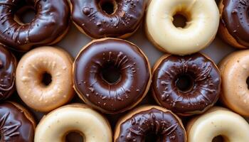 close up view of chocolate and vanilla donuts arranged in a symmetrical pattern. photo