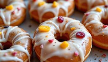 close up view of donuts with dripping glaze and candied fruit pieces for decoration. photo