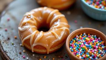close up view of an iced donut placed beside a small bowl of sprinkles and glaze. photo