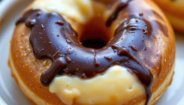 close up view of a two tone donut with a diagonal chocolate and vanilla glaze split. photo