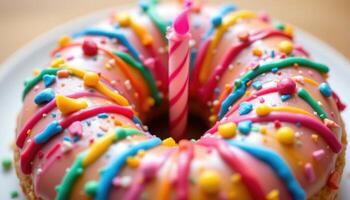 close up view of a birthday donut with colorful icing and a single candle in the center. photo