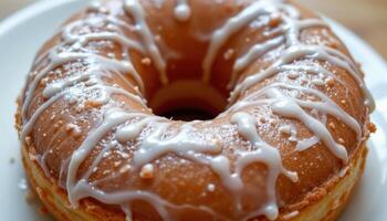close up view of a cronut style donut with visible flaky layers and thick icing top. photo
