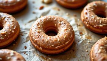 close up view of freshly baked donuts placed on parchment with visible oil marks. photo