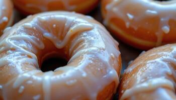close up view of donuts glazed with translucent icing allowing the texture of the dough to show. photo