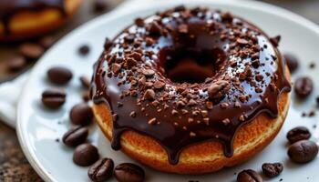 close up view of a rich mocha donut with chocolate coffee glaze and espresso beans. photo