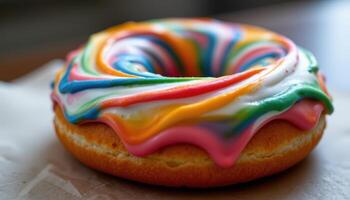 close up view of a donut with rainbow icing swirls and a shiny surface finish. photo
