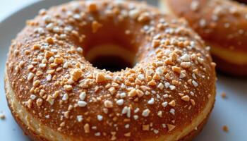 close up view of a deep fried donut with crispy texture and cinnamon sugar coating. photo
