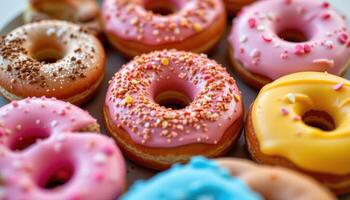 close up view of frosted donuts with glitter glaze arranged in a circle pattern. photo
