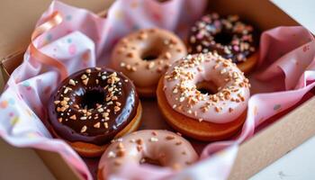 close up view of donuts in a box lined with pastel paper and decorated with ribbons. photo
