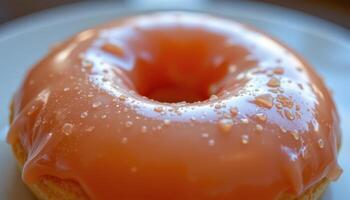 close up view of a donut with translucent jelly glaze glowing under soft lighting. photo