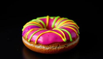 close up view of a donut with bright neon icing placed against a black background. photo