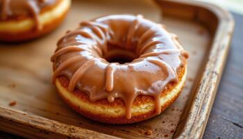 close up view of a cronut style donut with flaky layers and shiny icing on a wooden tray. photo