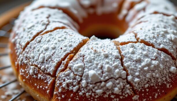close up view of a rustic donut with cracked surface and heavy powdered sugar dusting. photo