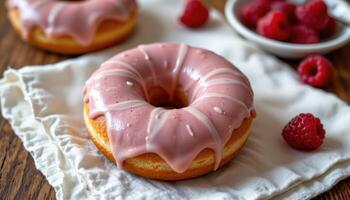 close up view of a raspberry glazed donut with freeze dried berries on a white linen cloth. photo