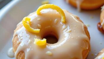 close up view of a lemon glazed donut with candied lemon peel and soft lighting from above. photo