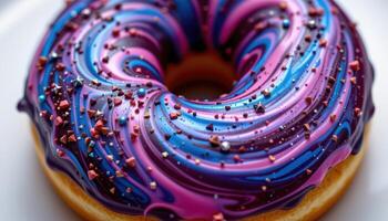 close up view of a galaxy themed donut with swirling purple and blue icing and edible glitter. photo