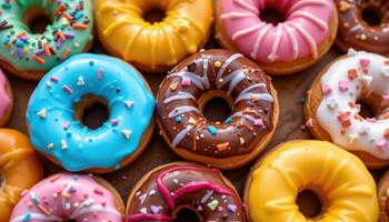 close up view of donuts arranged in a spiral pattern, each with different vibrant icing. photo