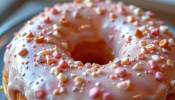 close up view of an elegant donut with pearlescent icing and a metallic sheen. photo